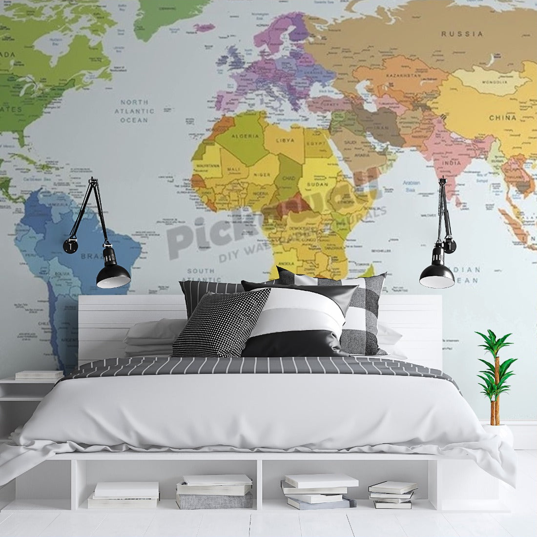 World Map Colour wallpaper in a bedroom - Pickawall