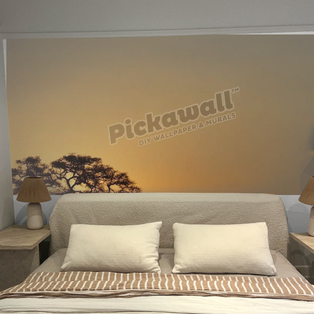 Large fig tree silhouetted at sunrise wallpaper in a bedroom - Pickawall