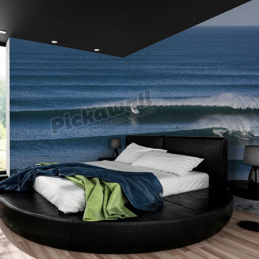 Surfer taking off on perfect wave wallpaper in a bedroom - Pickawall