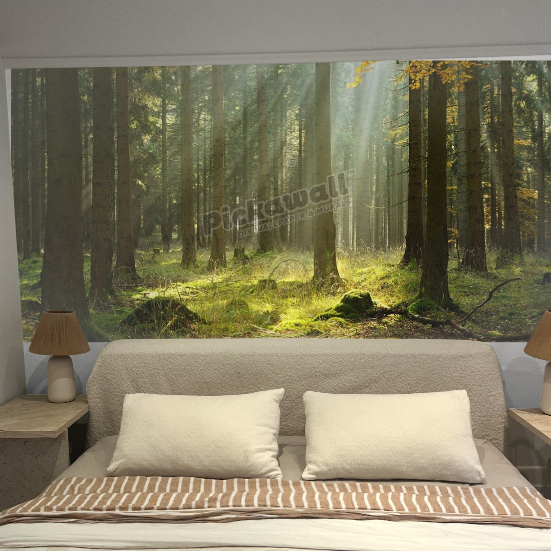 Spruce Tree Forest in Autumn Illuminated by Sunbeams through Fog wallpaper in a bedroom - Pickawall