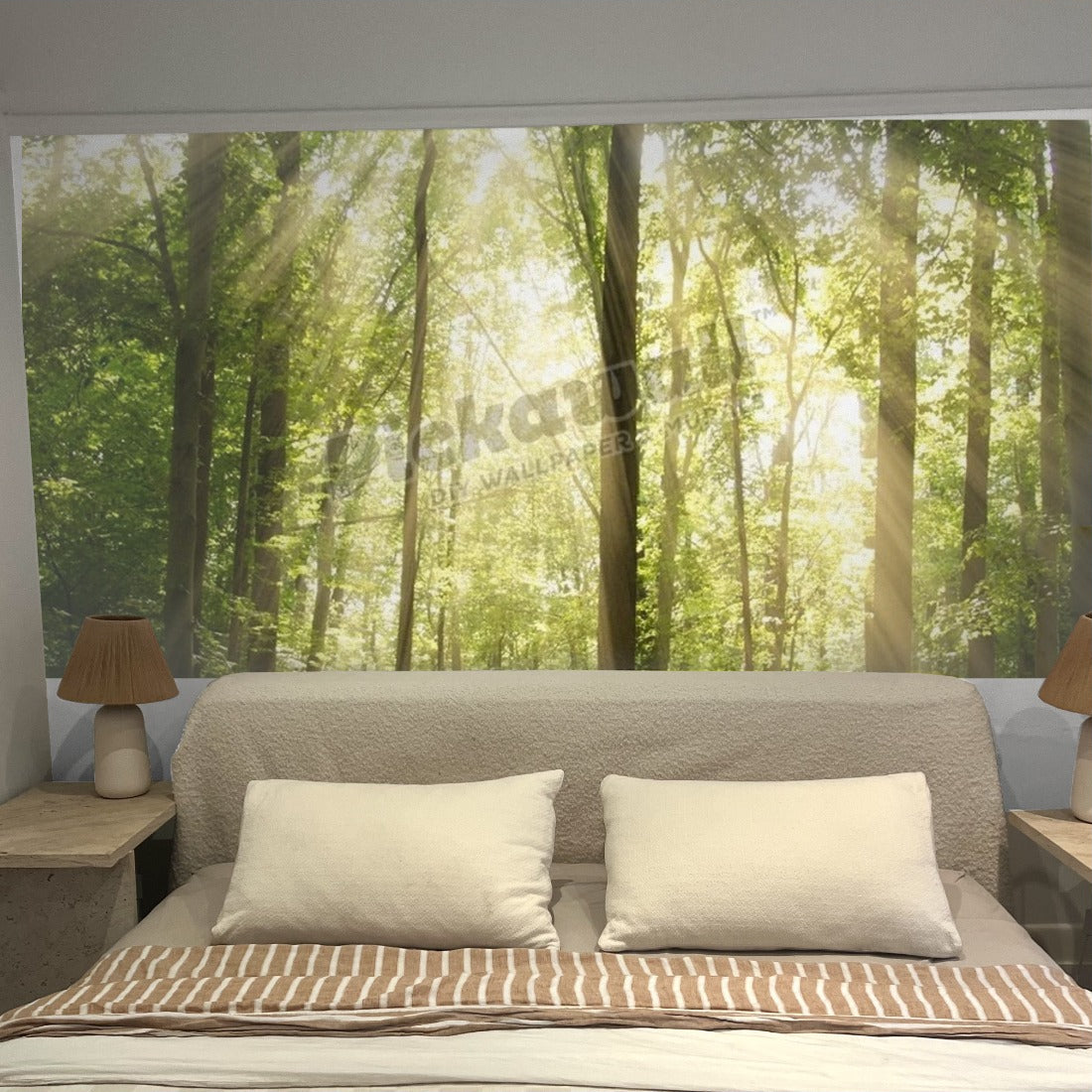 Sunrays Through Treetops wallpaper in a bedroom - Pickawall