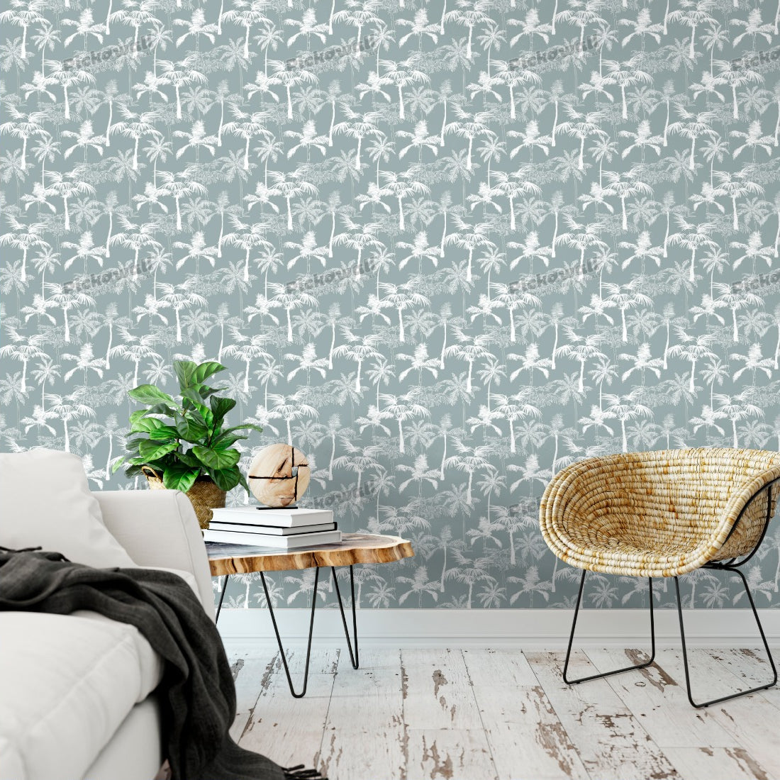 Palm Trees California Grey Pattern wallpaper in a living room - Pickawall