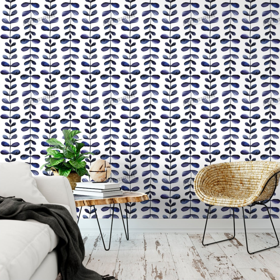 Indigo watercolour leaves wallpaper in a living room - Pickawall