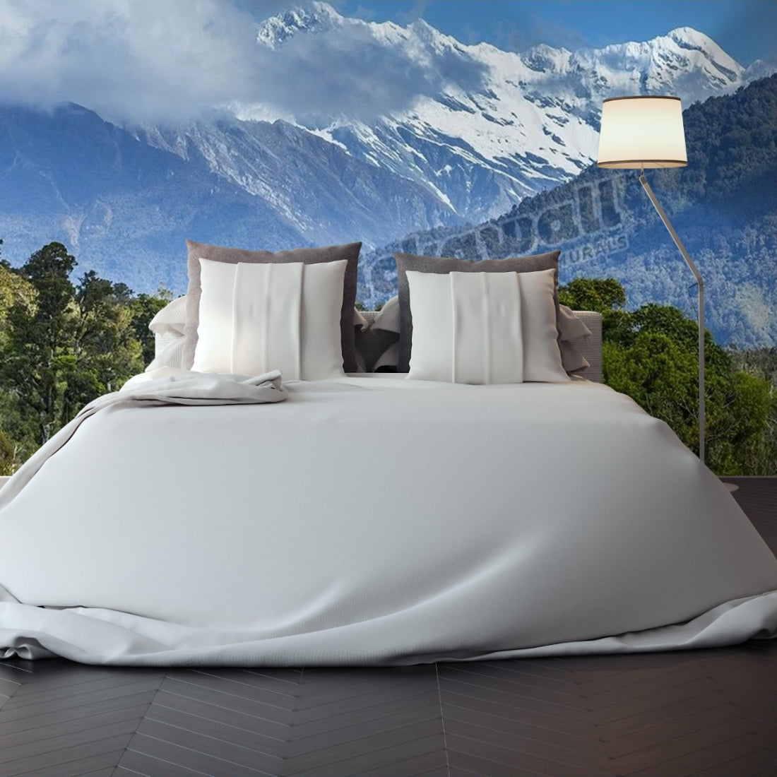Forest and mountain landscape wallpaper in a bedroom - Pickawall