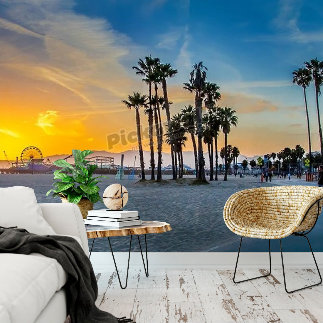 Sunset over Venice Beach wallpaper in a living room - Pickawall