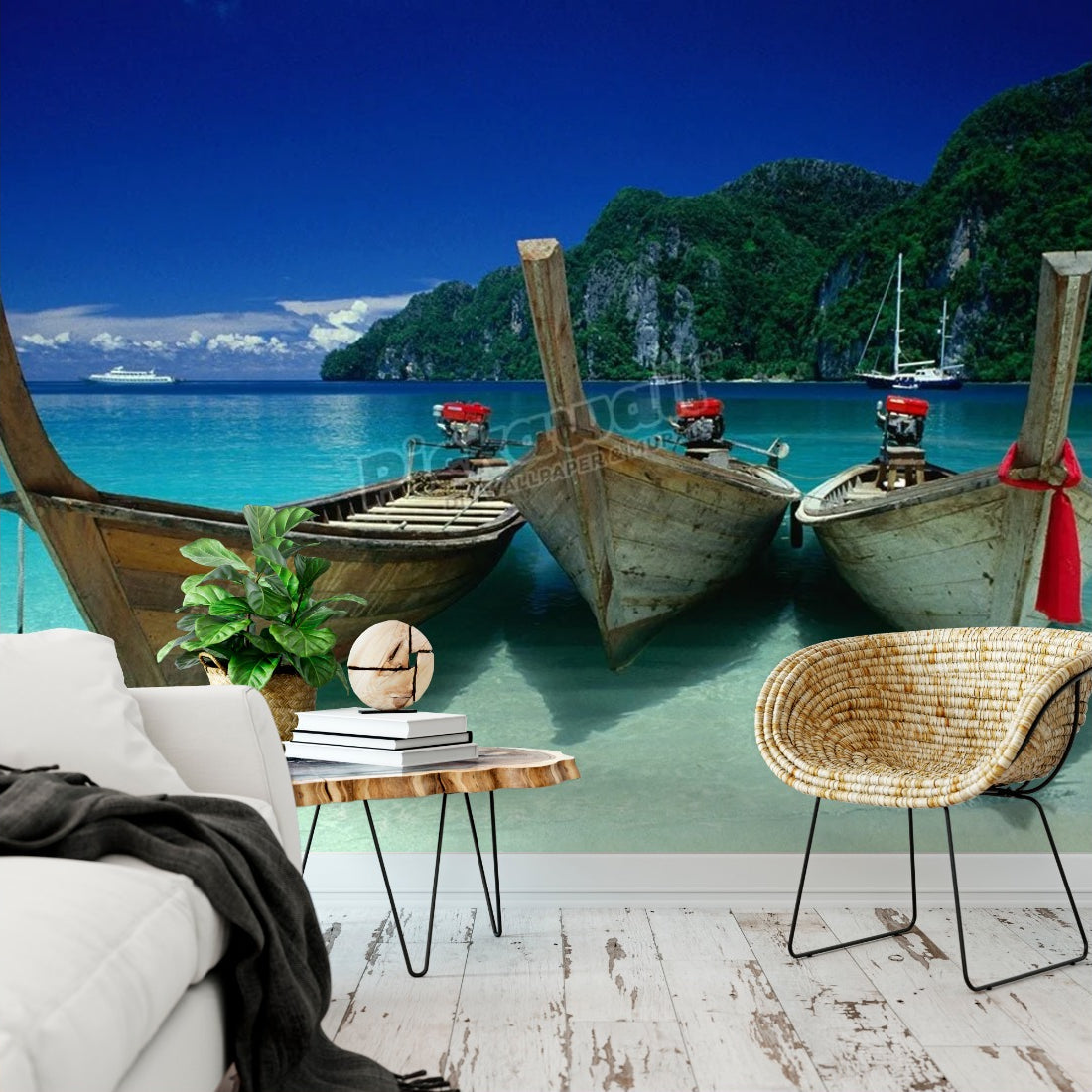 Longtail boat Thailand wallpaper in a living room - Pickawall