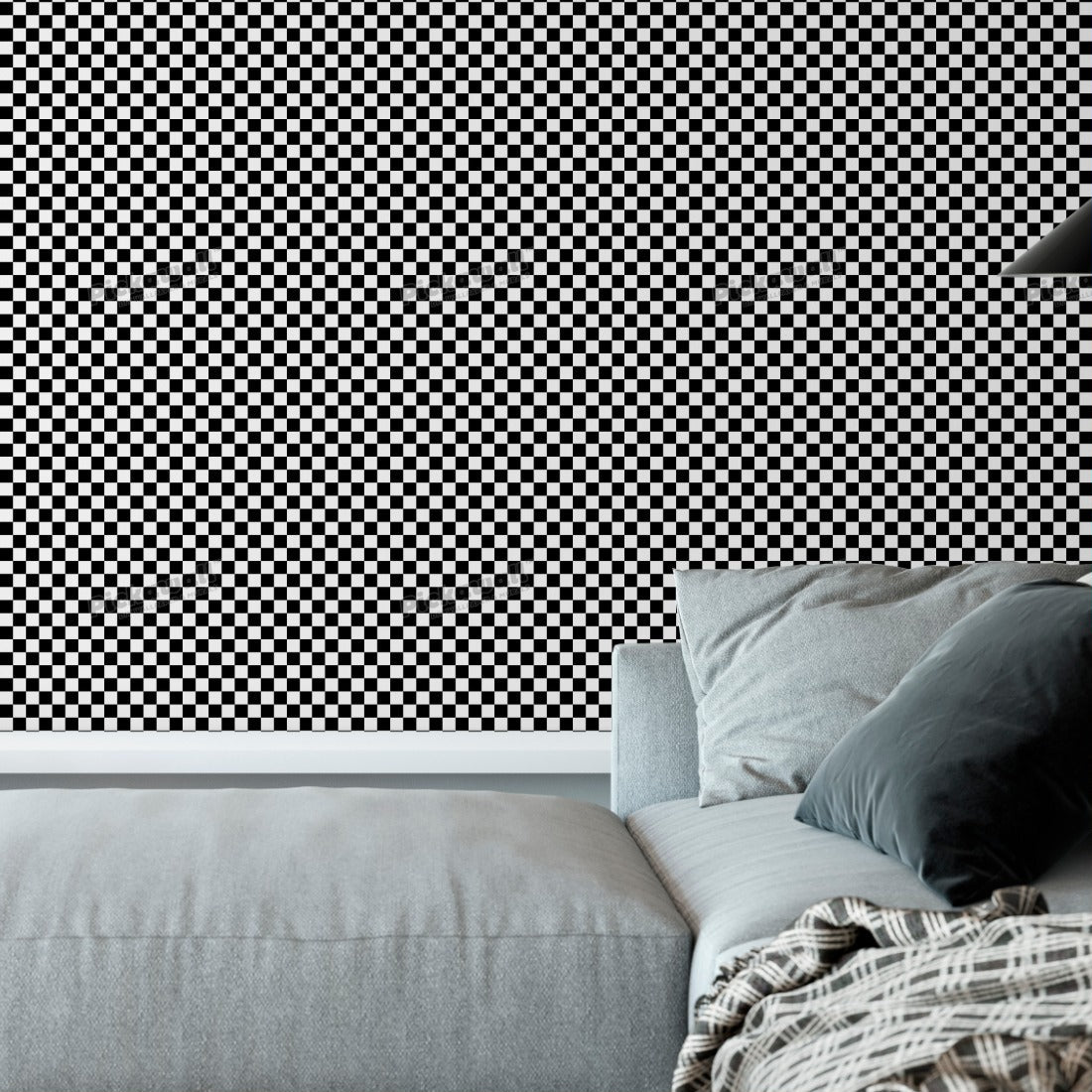 Checkered pattern of black and white squares wallpaper in a living room - Pickawall