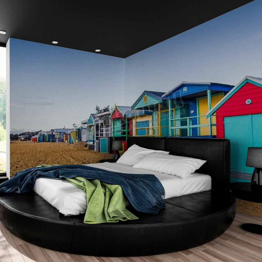 Red Beach Box wallpaper in a bedroom - Pickawall