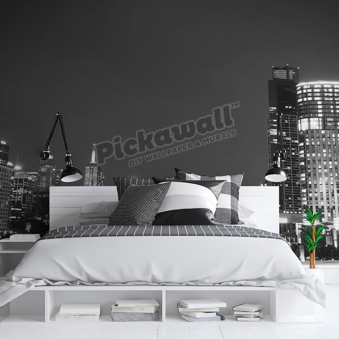 Melbourne City Skyline Black and White wallpaper in a bedroom - Pickawall