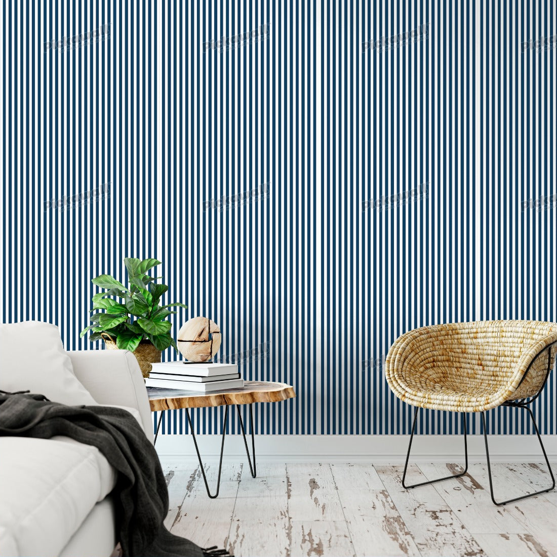 Nautical navy stripe, as seen in Sunday Style Magazine wallpaper in a living room - Pickawall
