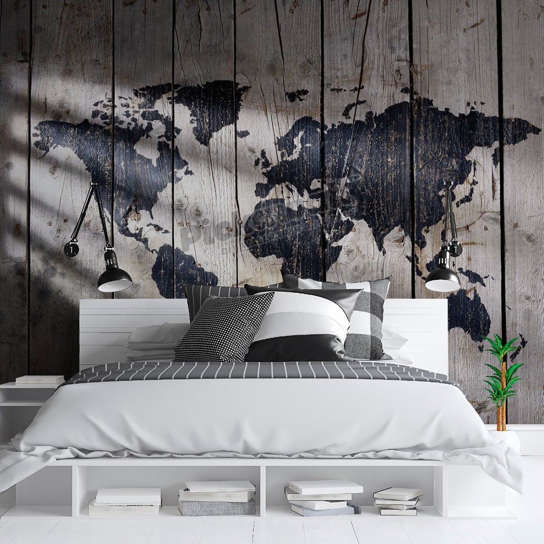 Map on Wood of The World wallpaper in a bedroom - Pickawall