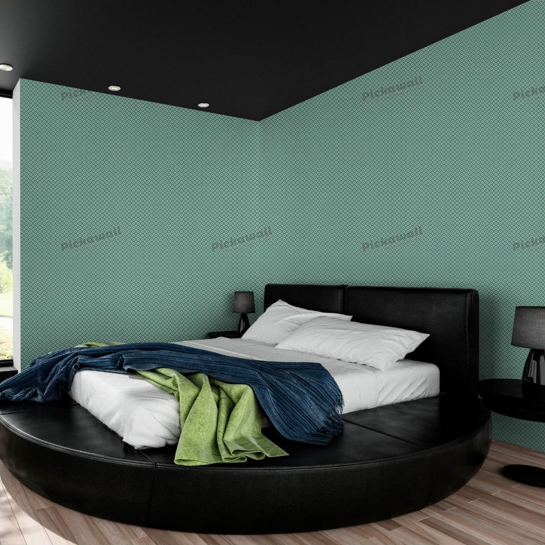 Mosaic teal tile pattern, featured on 'The Living Room - Channel 10' wallpaper in a bedroom - Pickawall