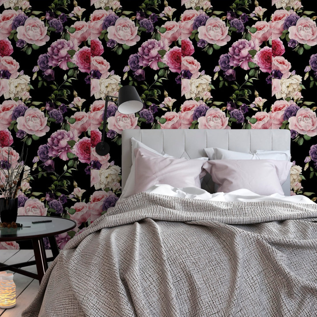 Botanical Pink Purple Floral Pattern wallpaper in a bedroom - Pickawall