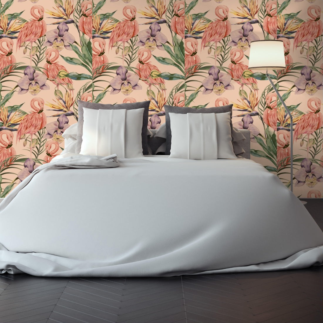 Jungle Flamingos wallpaper in a bedroom - Pickawall