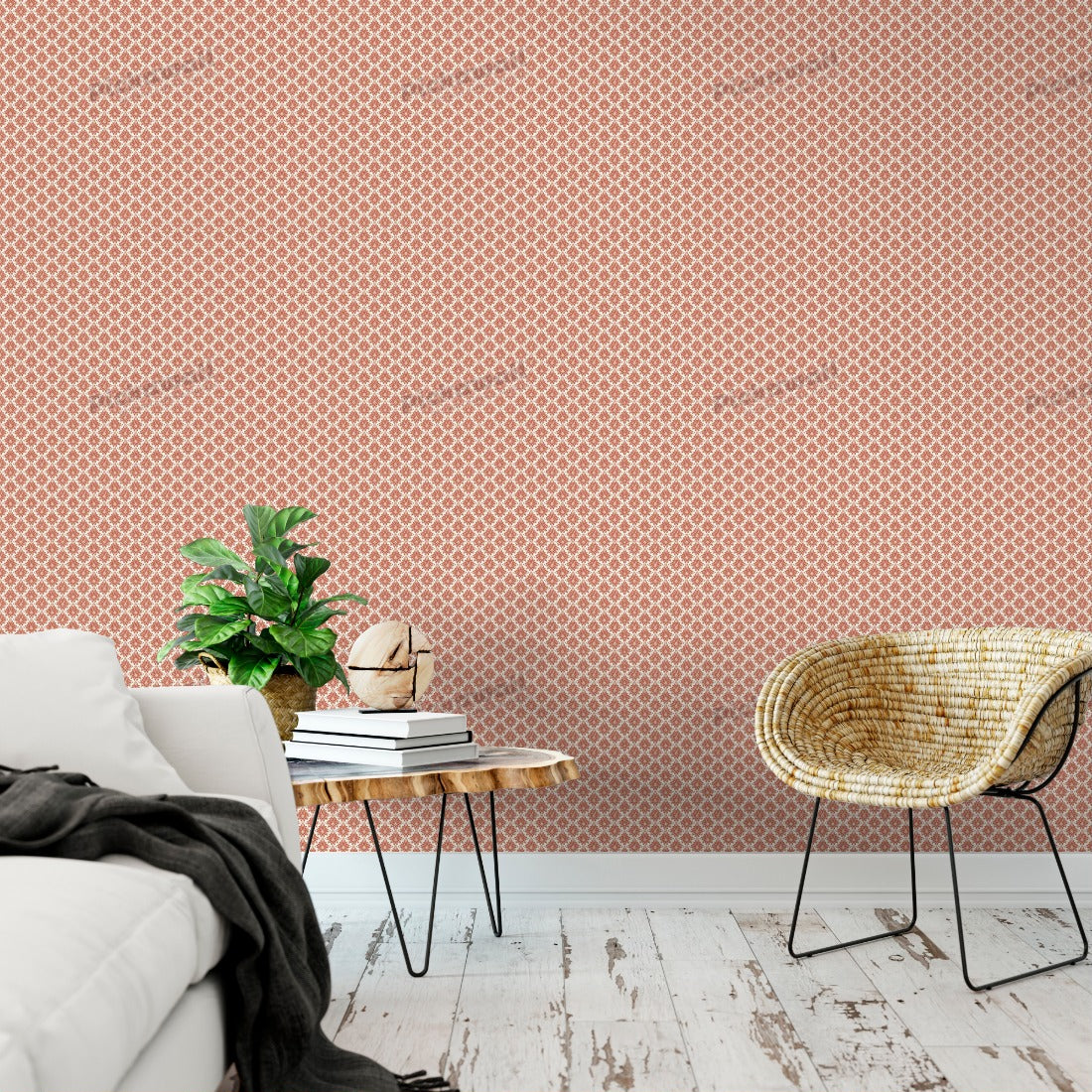 Damask Burnt Orange LLB Pattern wallpaper in a living room - Pickawall
