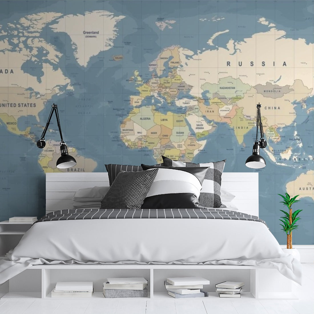 World Map Blue wallpaper in a bedroom - Pickawall