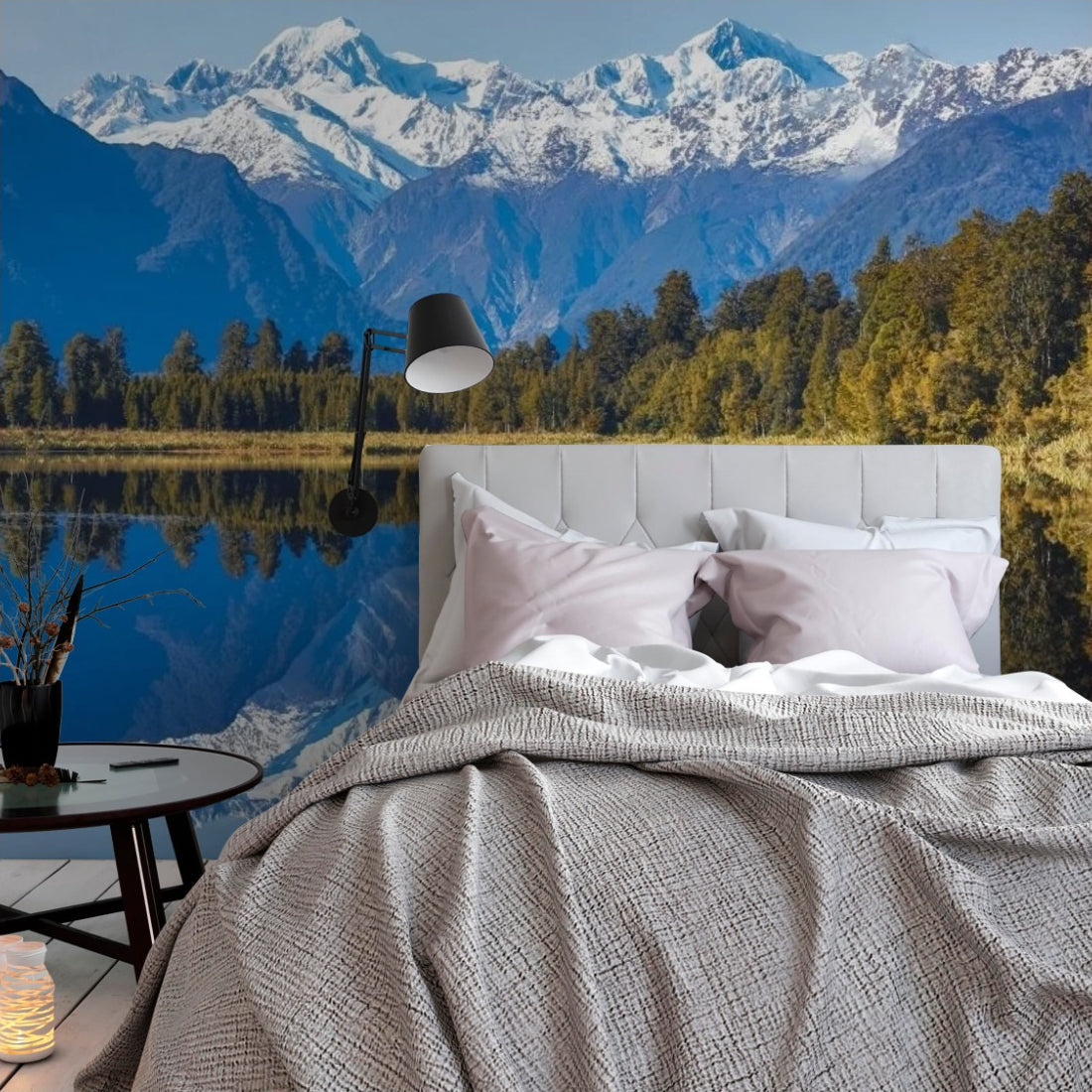 Lake Matheson, New Zealand wallpaper in a bedroom - Pickawall