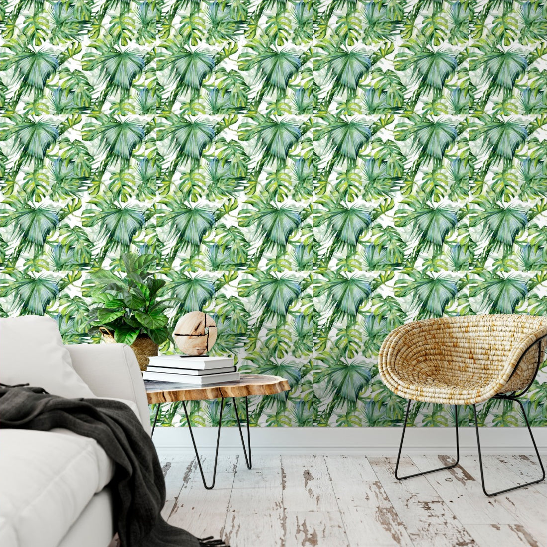 watercolour illustration of tropical leaves wallpaper in a living room - Pickawall
