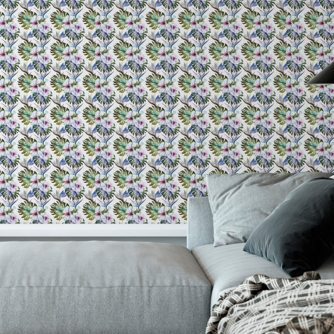 Watercolor hibiscus wallpaper in a living room - Pickawall