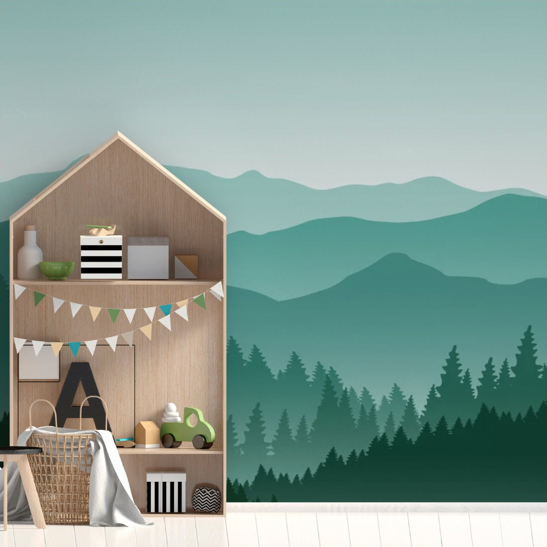 Green Mountains background wallpaper in a playroom - Pickawall