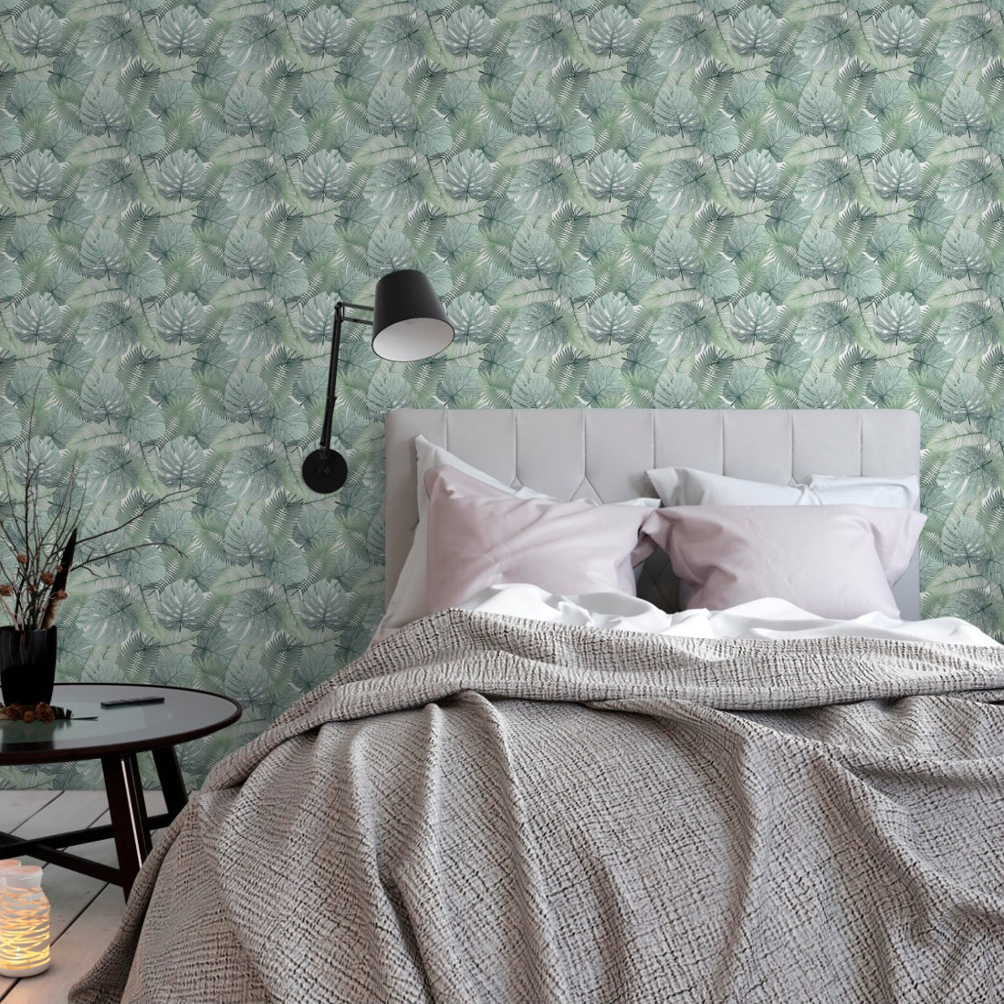 tropical leaf palm pattern wallpaper in a bedroom - Pickawall