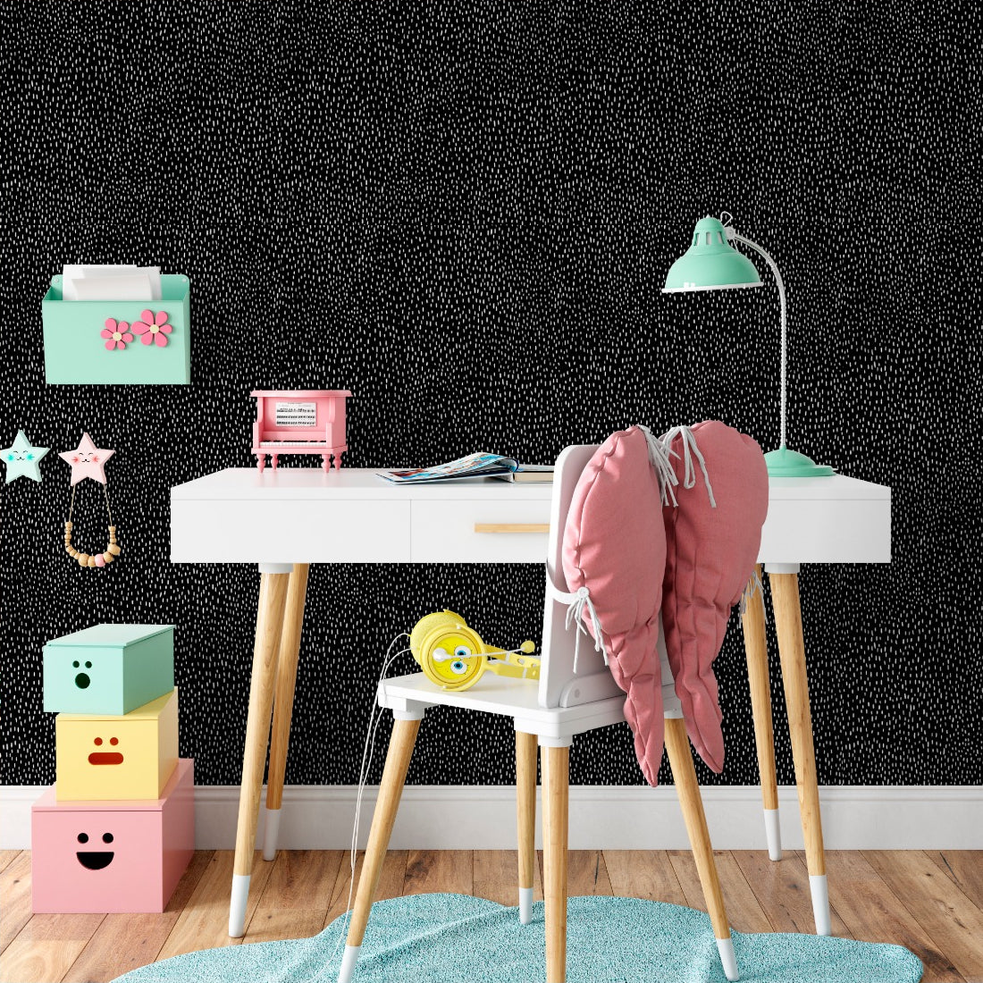 Black with white dots background wallpaper in a kids study nook - Pickawall