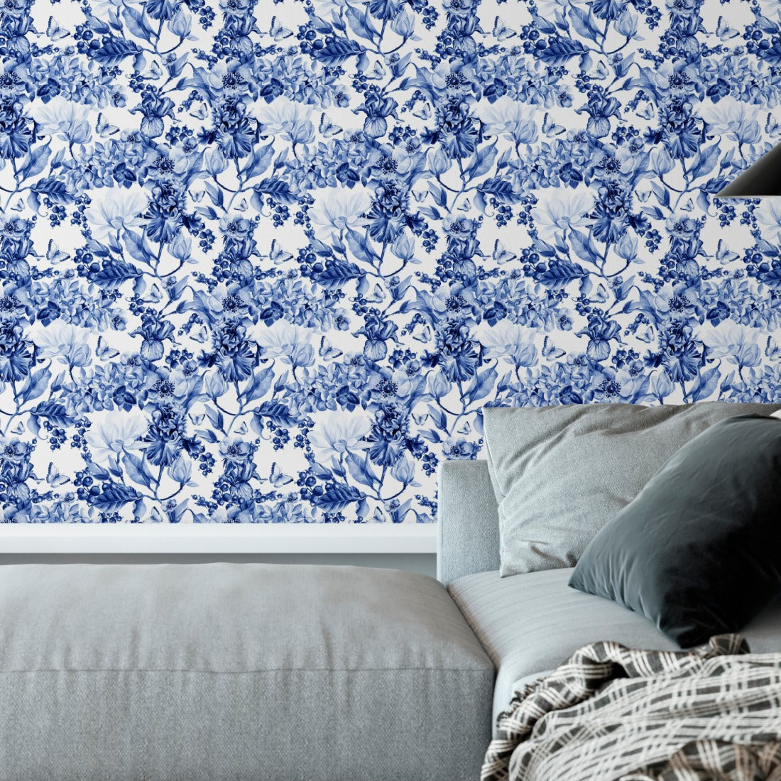 Traditional blue and white floral wallpaper in a living room - Pickawall