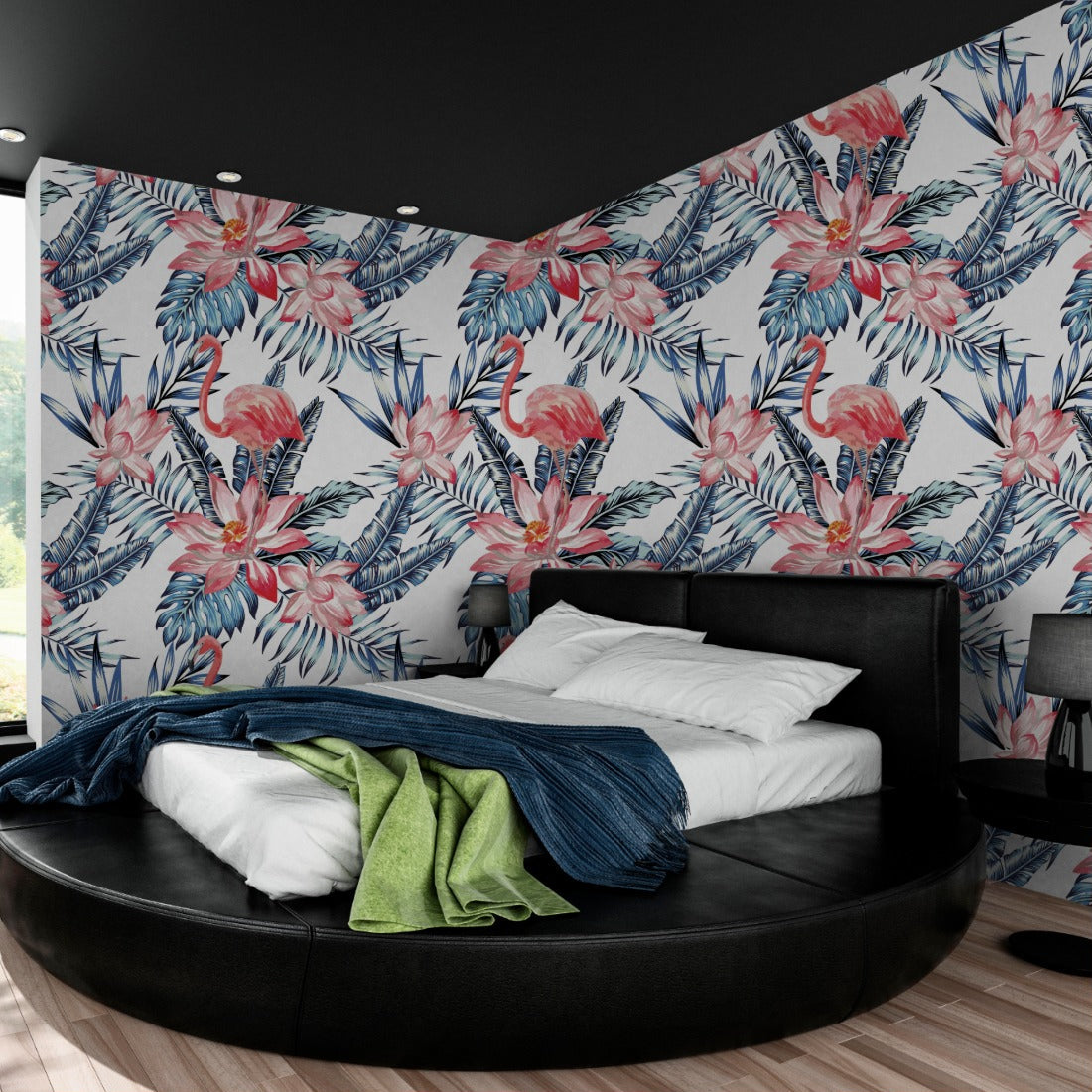 watercolor flamingo and blue palm leaves wallpaper in a bedroom - Pickawall