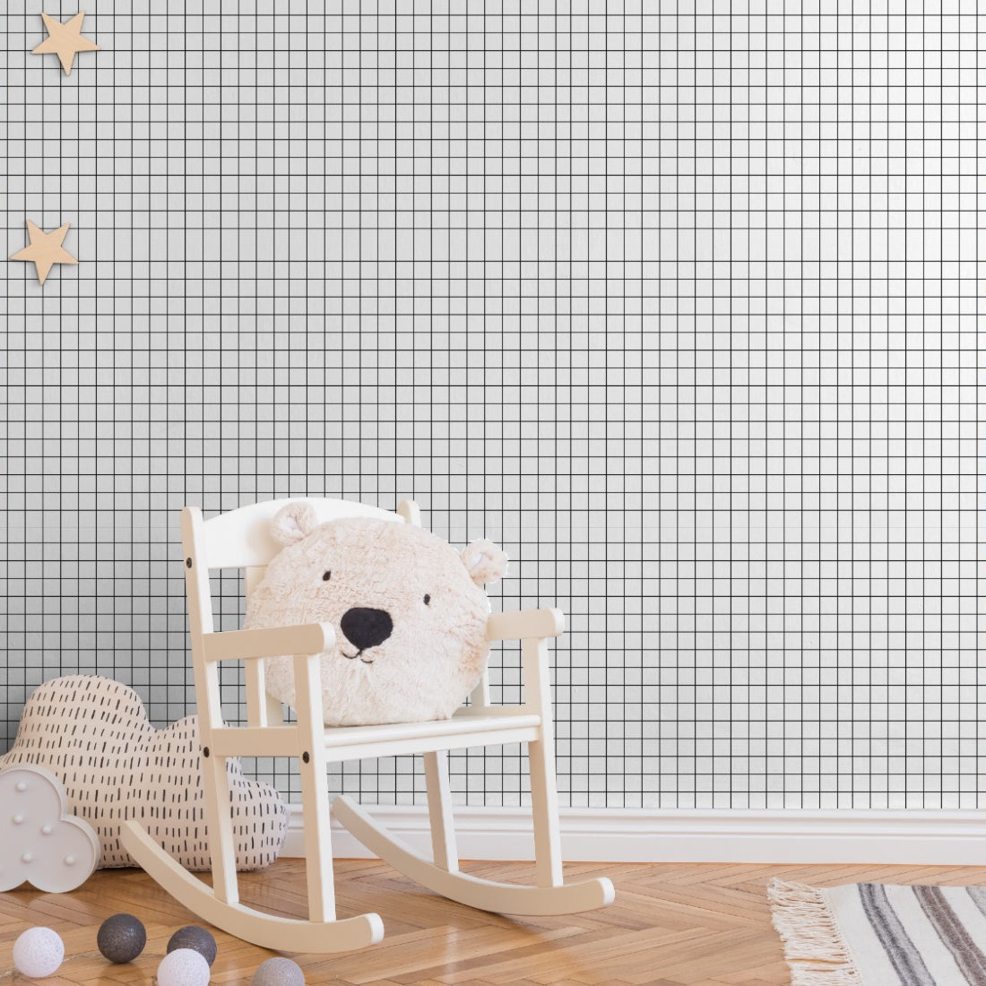 black and white grid wallpaper in a nursery - Pickawall