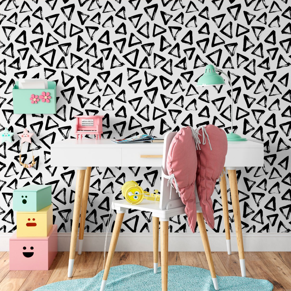 Hand Drawn Triangles wallpaper in a kids study nook - Pickawall