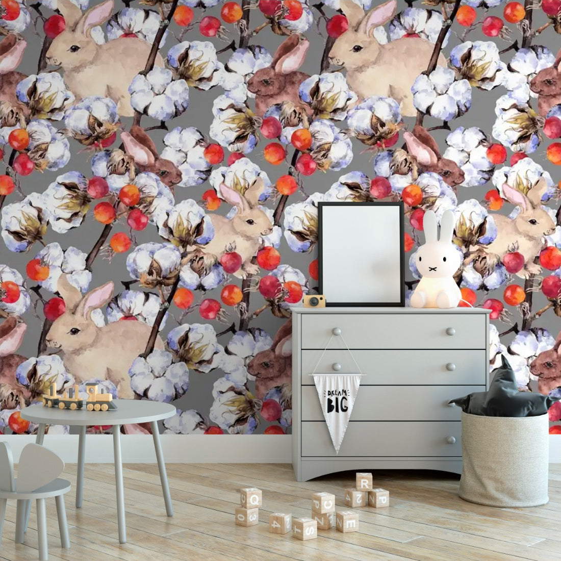 Bunnies, cotton branches and berries wallpaper in a nursery - Pickawall