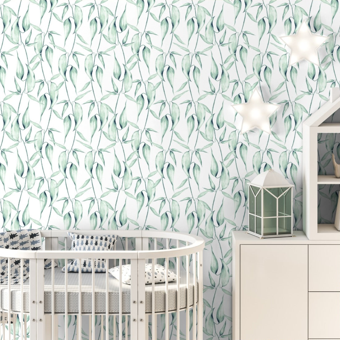 Watercolour Gum Leaves wallpaper in a nursery - Pickawall