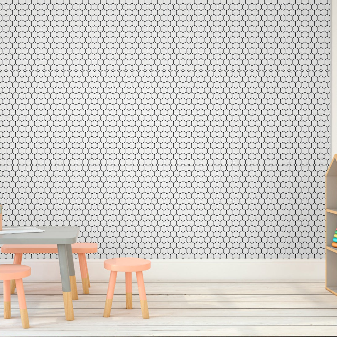 black and white hexagon pattern wallpaper in a playroom - Pickawall