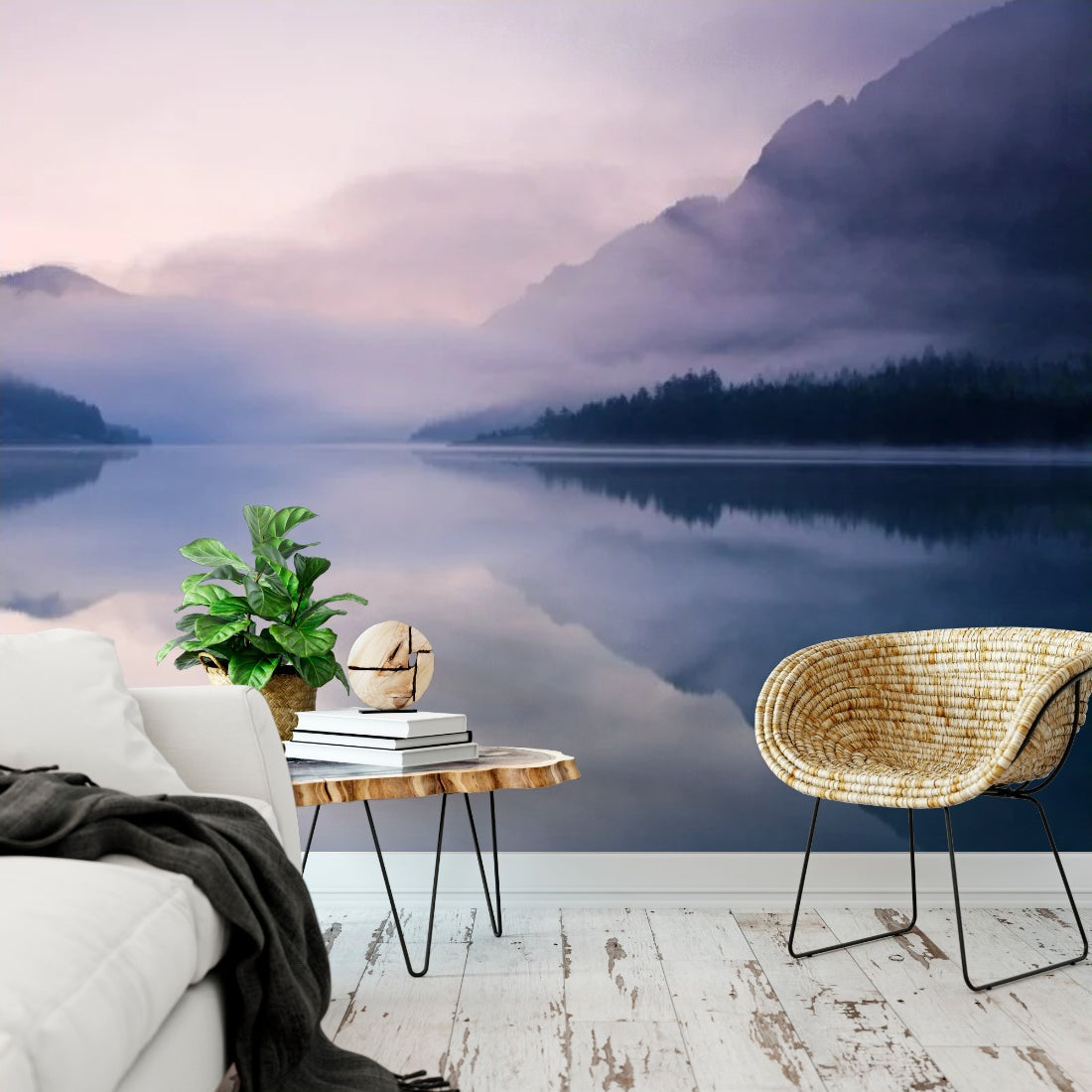 Morning at lake plansee wallpaper in a living room - Pickawall