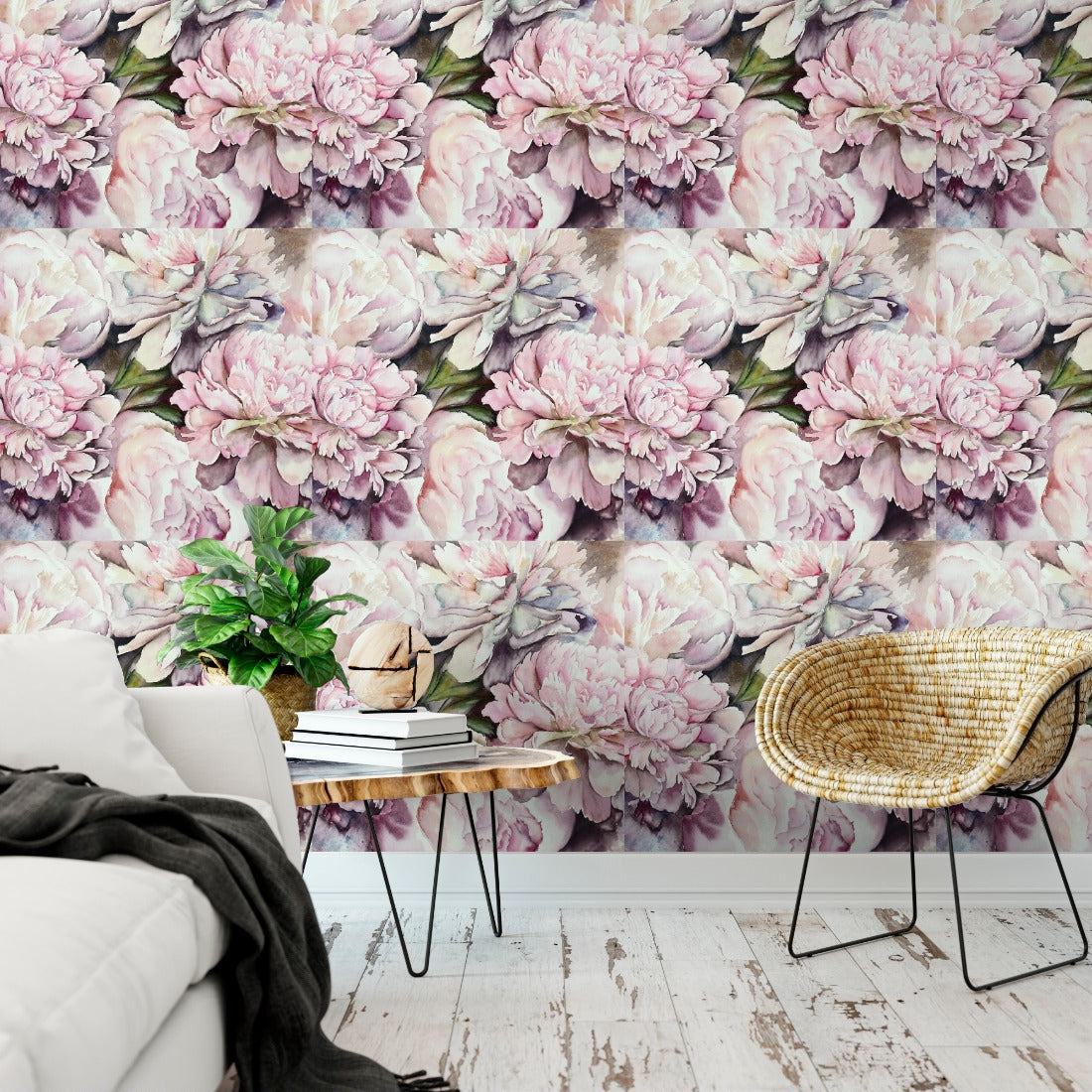 Watercolour Pink Peonies wallpaper in a living room - Pickawall