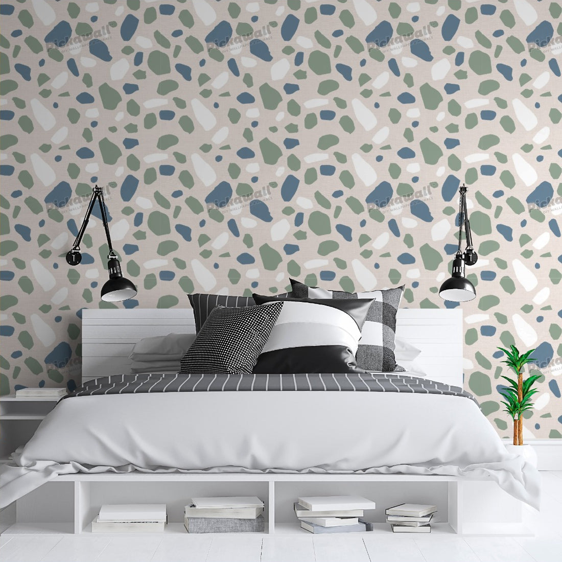 Sage Green and Blue Terrazzo Pattern by Liberty Interiors wallpaper in a bedroom - Pickawall