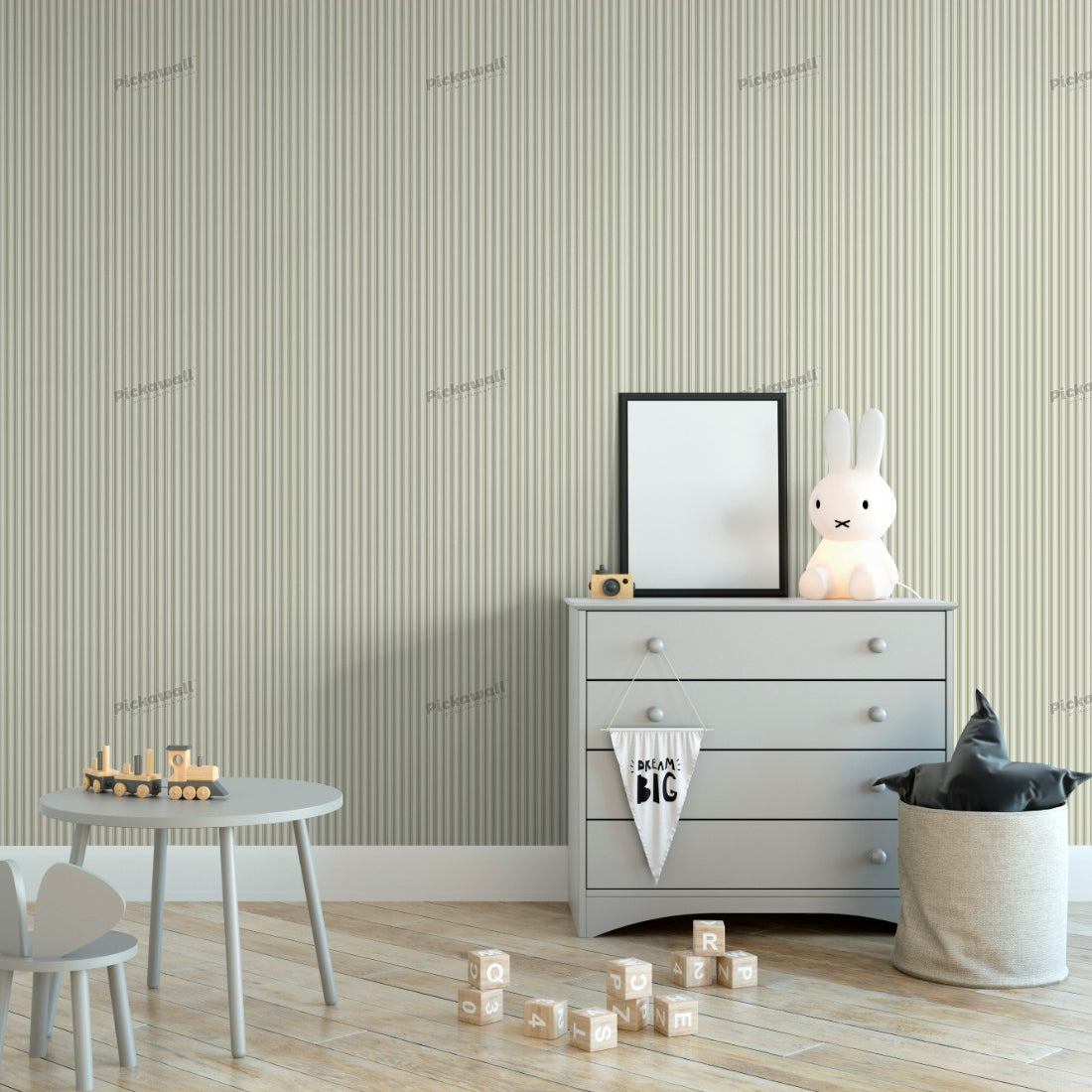 Vintage Stripes Sage Green wallpaper in a nursery - Pickawall