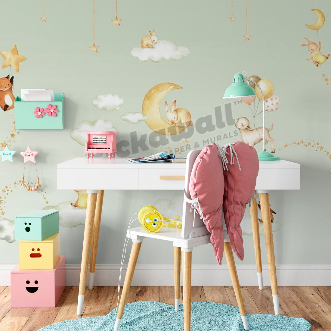 Sweet Dreams Green by Oliver Robins wallpaper in a kids study nook - Pickawall