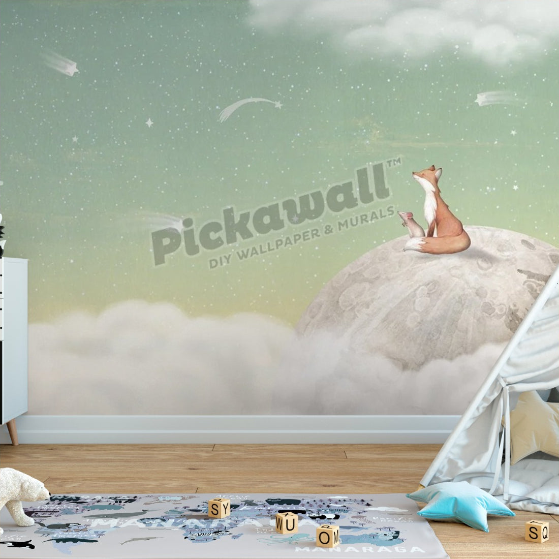 Fox and the Moon Green by Oliver Robins wallpaper in a playroom - Pickawall
