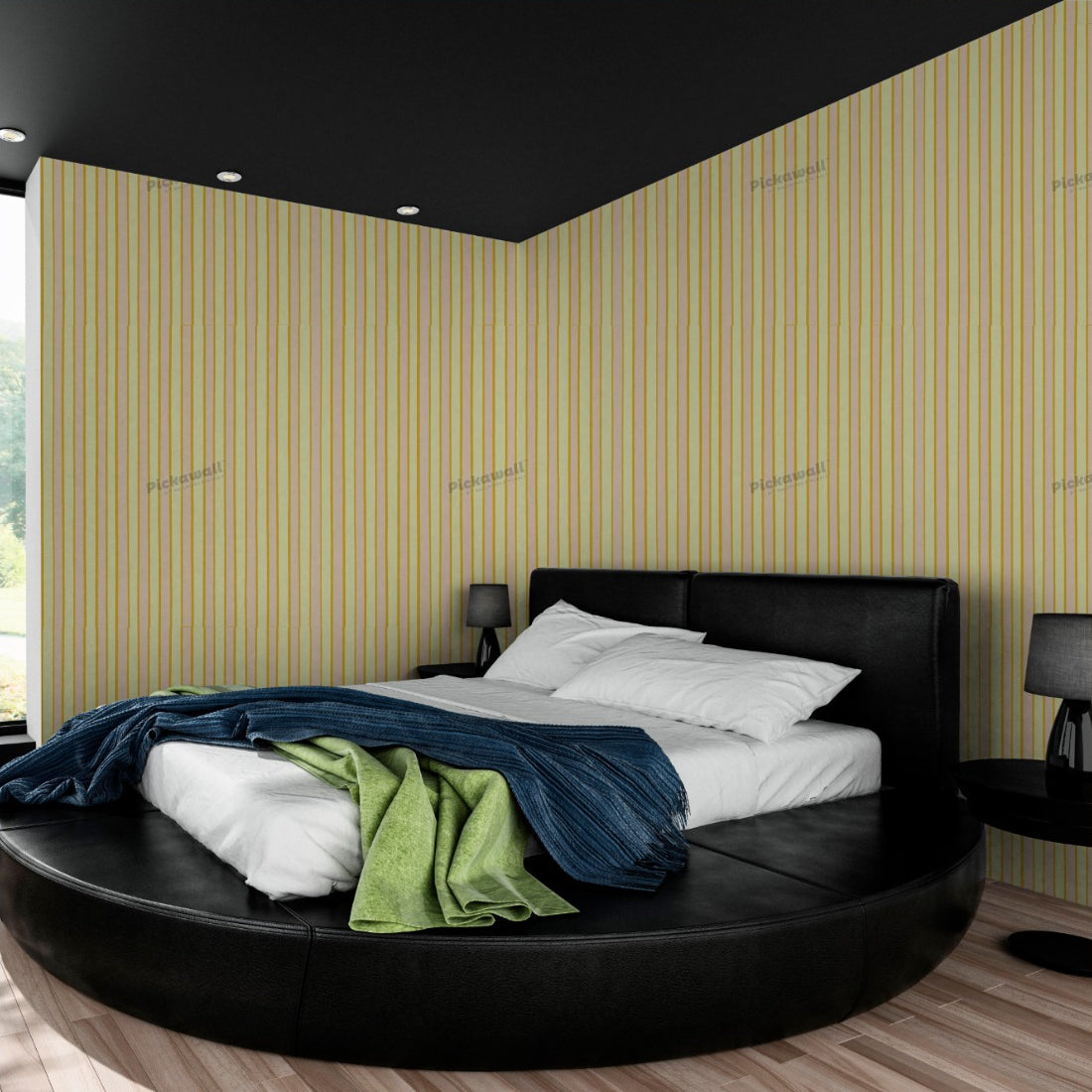 Celia Love Orange Pink Green Stripe wallpaper in a bedroom - Pickawall