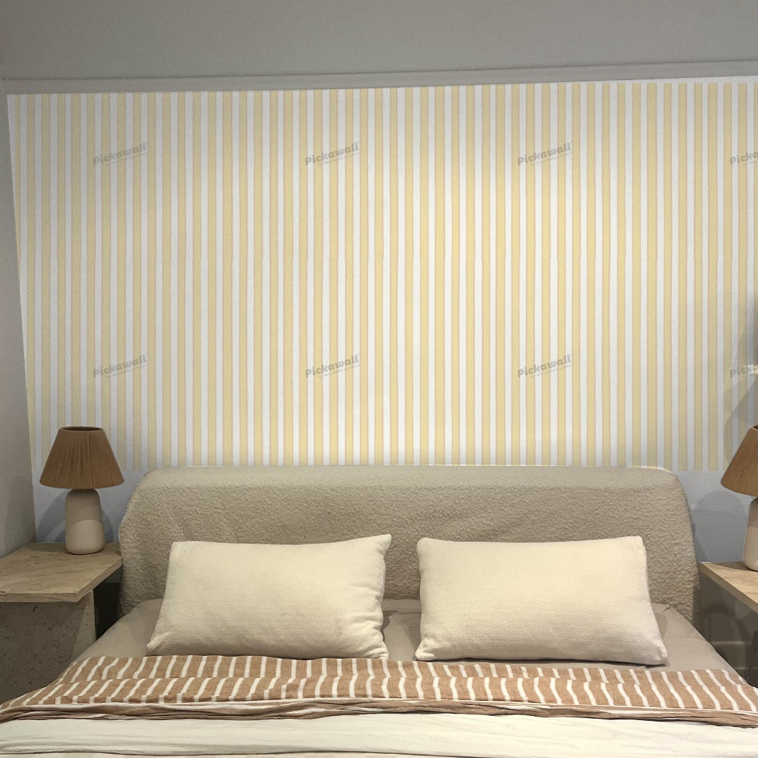 Celia Love Cream Butter Peach Stripe wallpaper in a bedroom - Pickawall