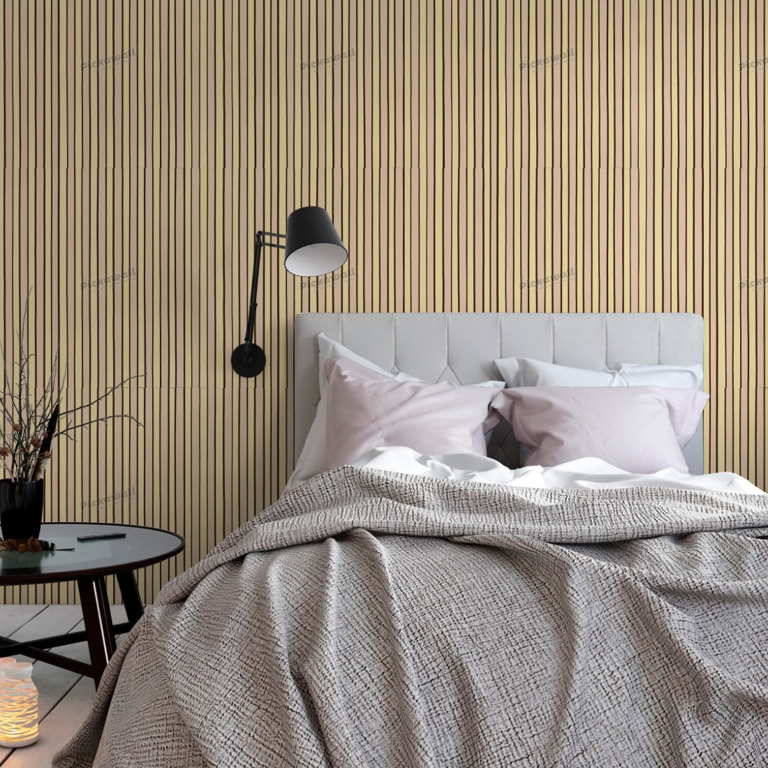Celia Love Shiraz Butter Peach Stripe wallpaper in a bedroom - Pickawall