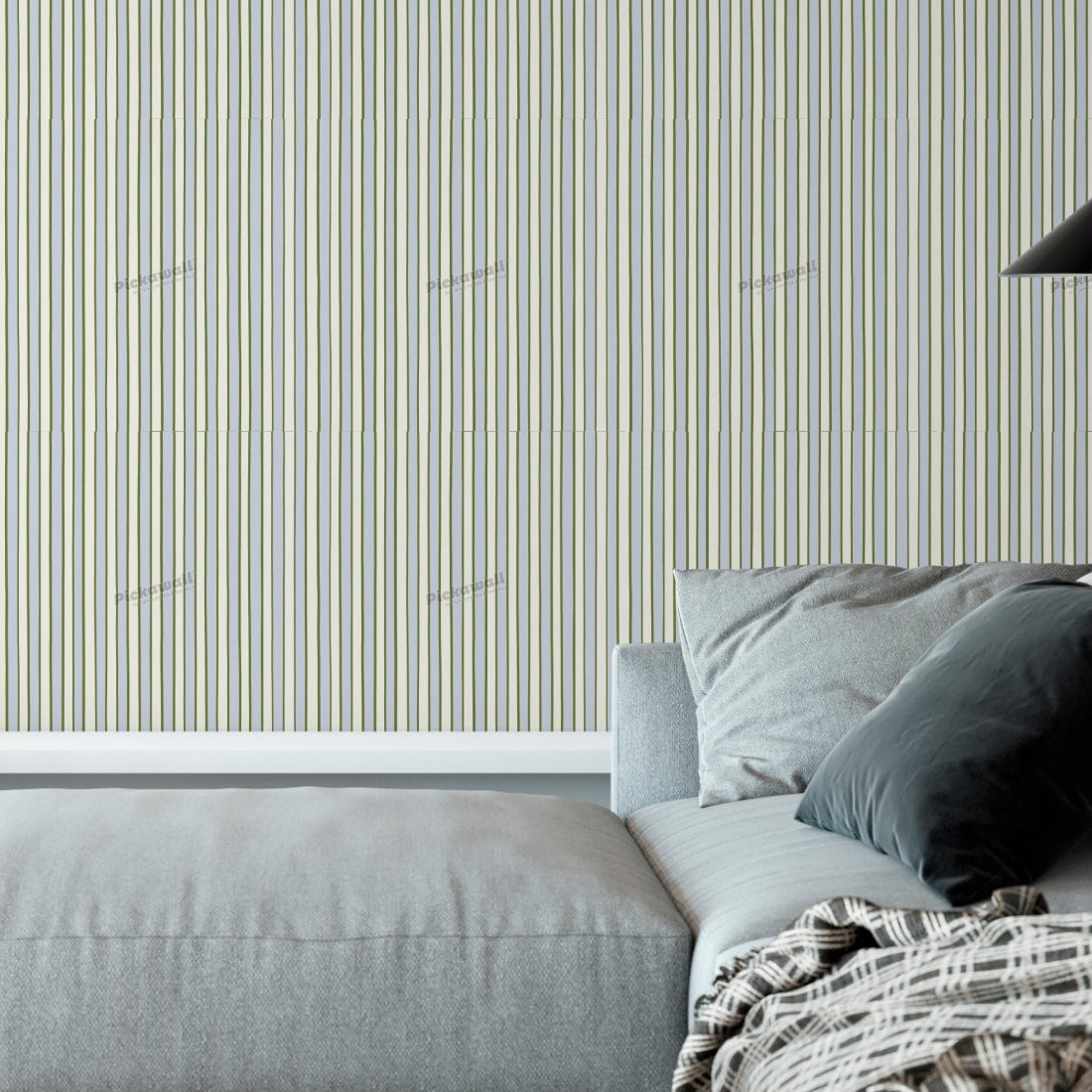 Celia Love Cream Woodsy Ice Blue Stripe wallpaper in a living room - Pickawall