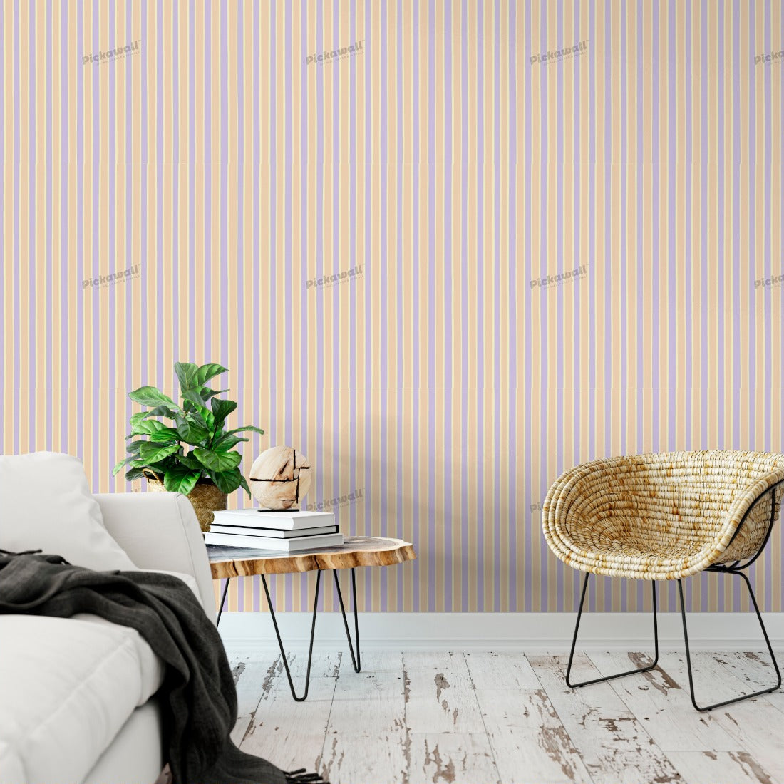 Celia Love Lilac Green Peach Stripe wallpaper in a living room - Pickawall