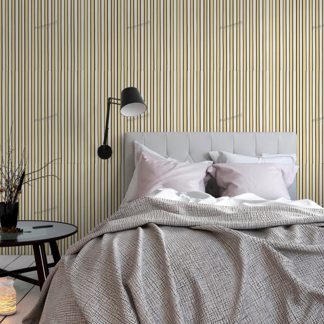 Celia Love Cream Butter Shiraz Stripe wallpaper in a bedroom - Pickawall