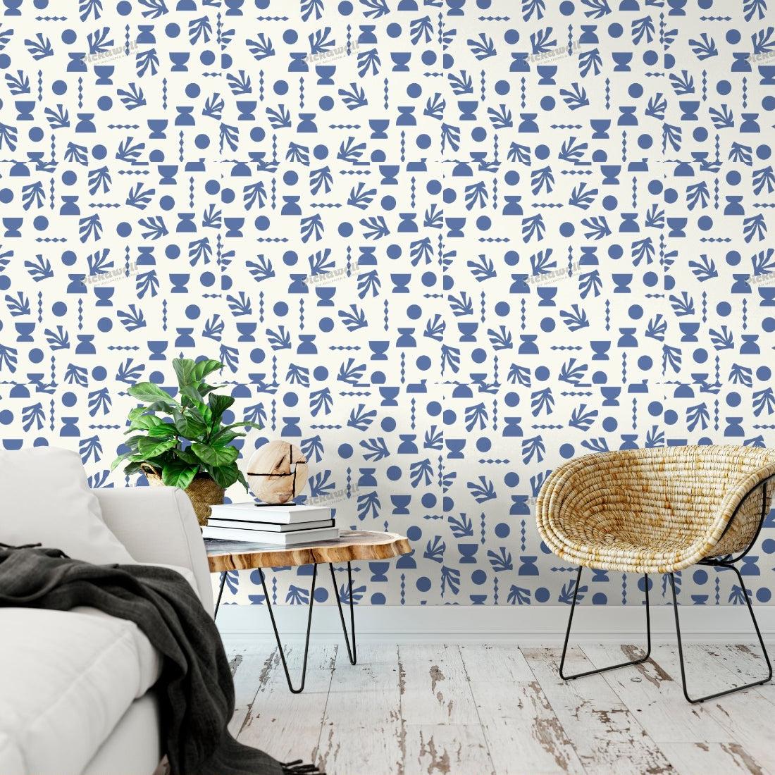 Celia Loves Shapes Cream Dark Blue Wallpaper wallpaper in a living room - Pickawall
