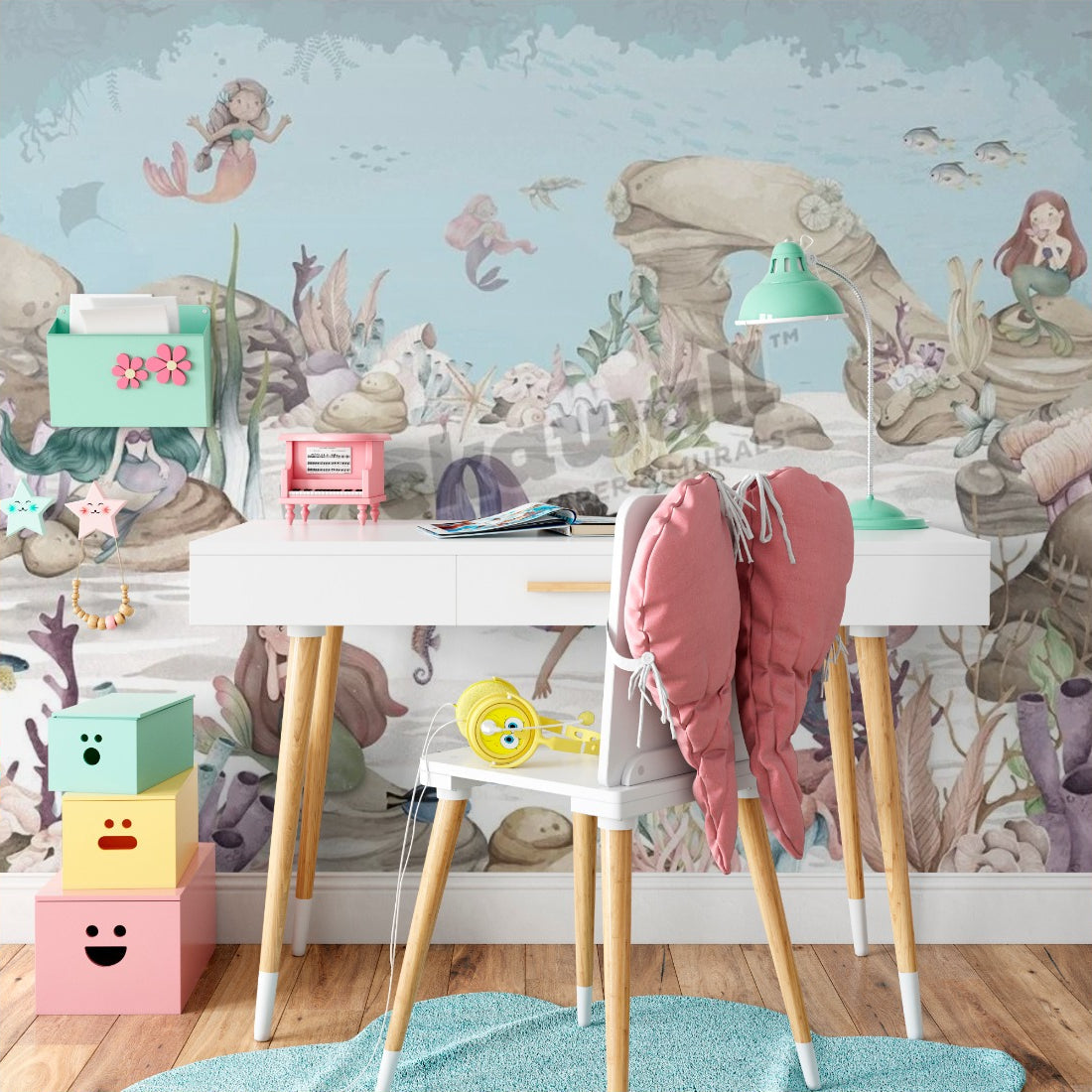 Mermaid Miracle by Kikki Belle wallpaper in a kids study nook - Pickawall