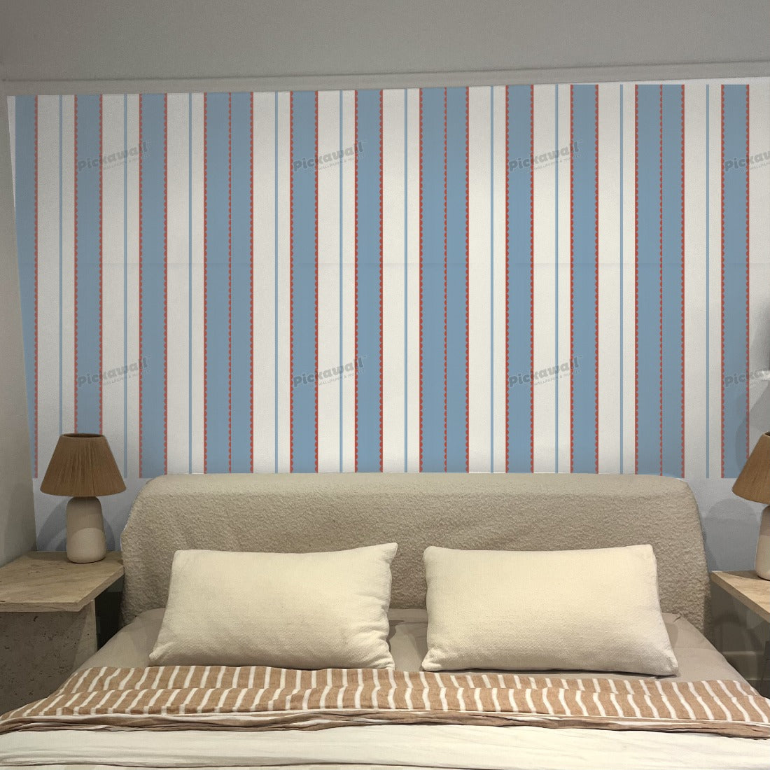 Red Blue Scallop Stripes wallpaper in a bedroom - Pickawall