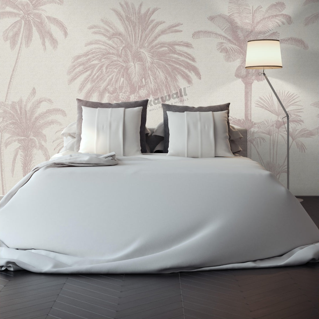 Pink Linen Palms wallpaper in a bedroom - Pickawall