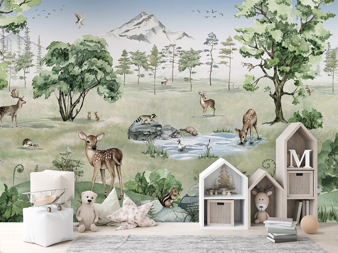 Deer Forest Summer by Kikki Belle wallpaper room view - Pickawall